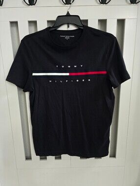 Tommy Hilfiger Black Crewneck Classic Tee with Signature Stripe Size Medium Mens